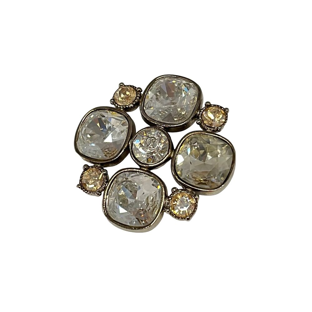 Chanel Brooch Silver Clear Beige Hardware Rhinestones